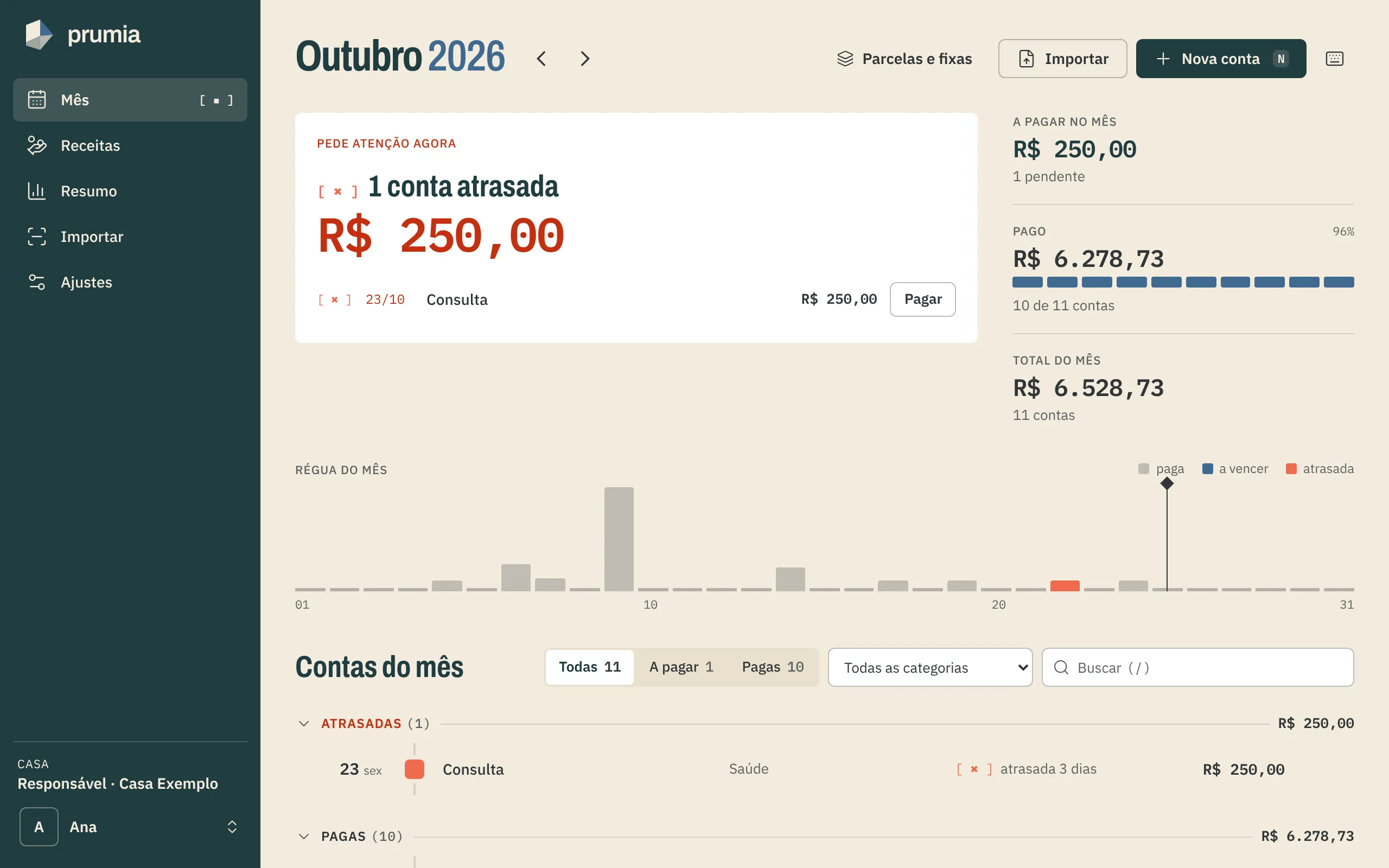 Tela do mês na demonstração: uma conta atrasada em destaque, o total pago e a régua com os vencimentos do mês.