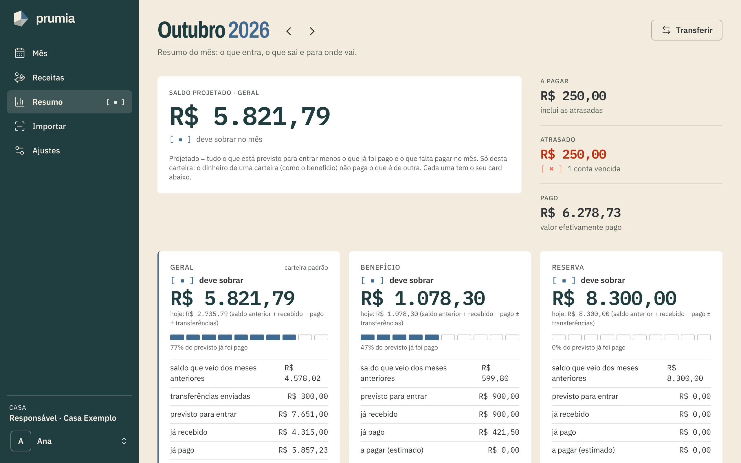 Resumo do mês na demonstração: saldo projetado da carteira Geral e um card por carteira.